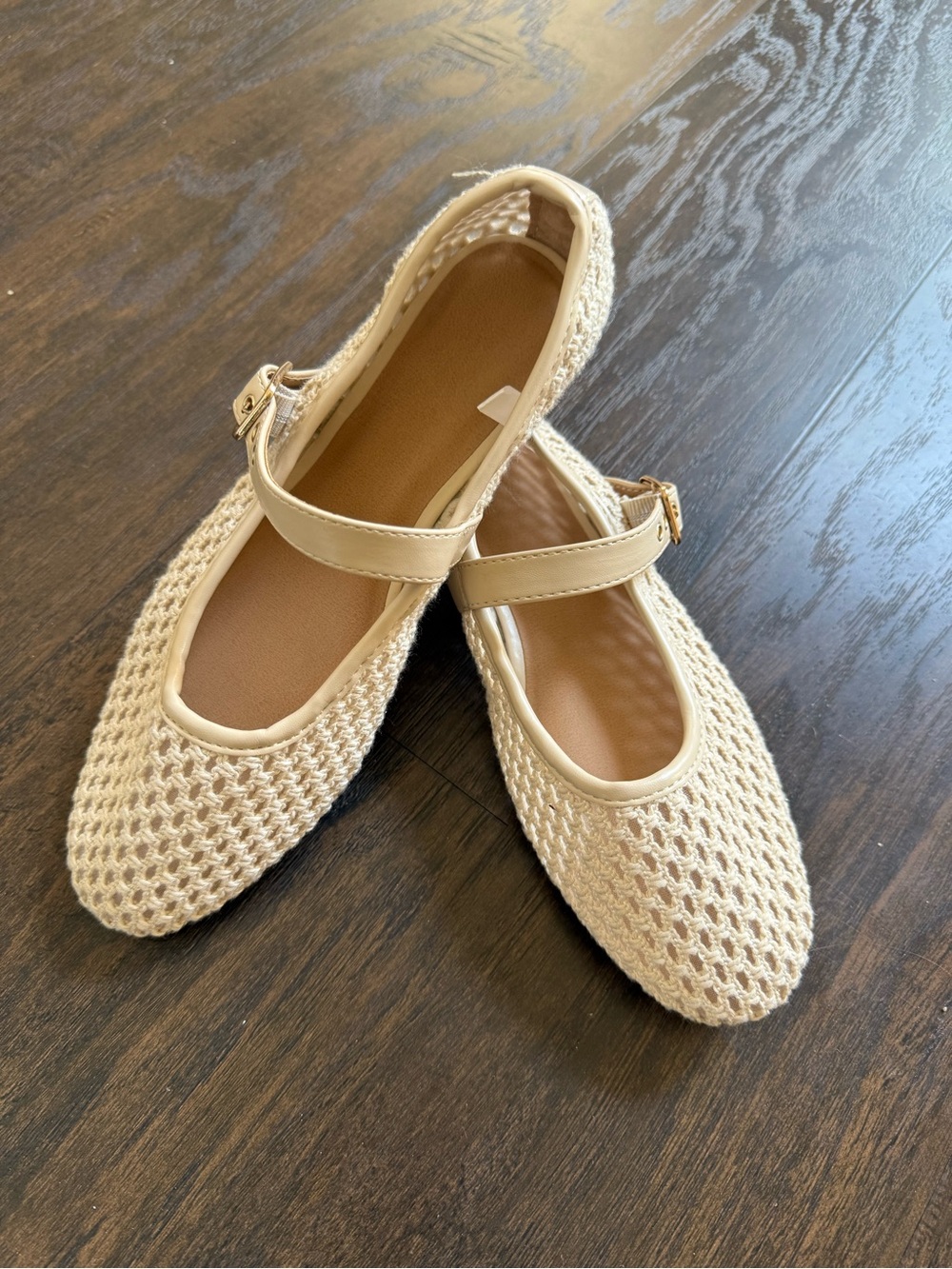 Women's Cream Crochet Mary Jane Flats with Buckle Strap
